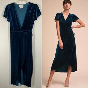 BHLDN Thrive Velvet Midi Wrap Dress Teal Medium Wedding Cocktail Evening Party
